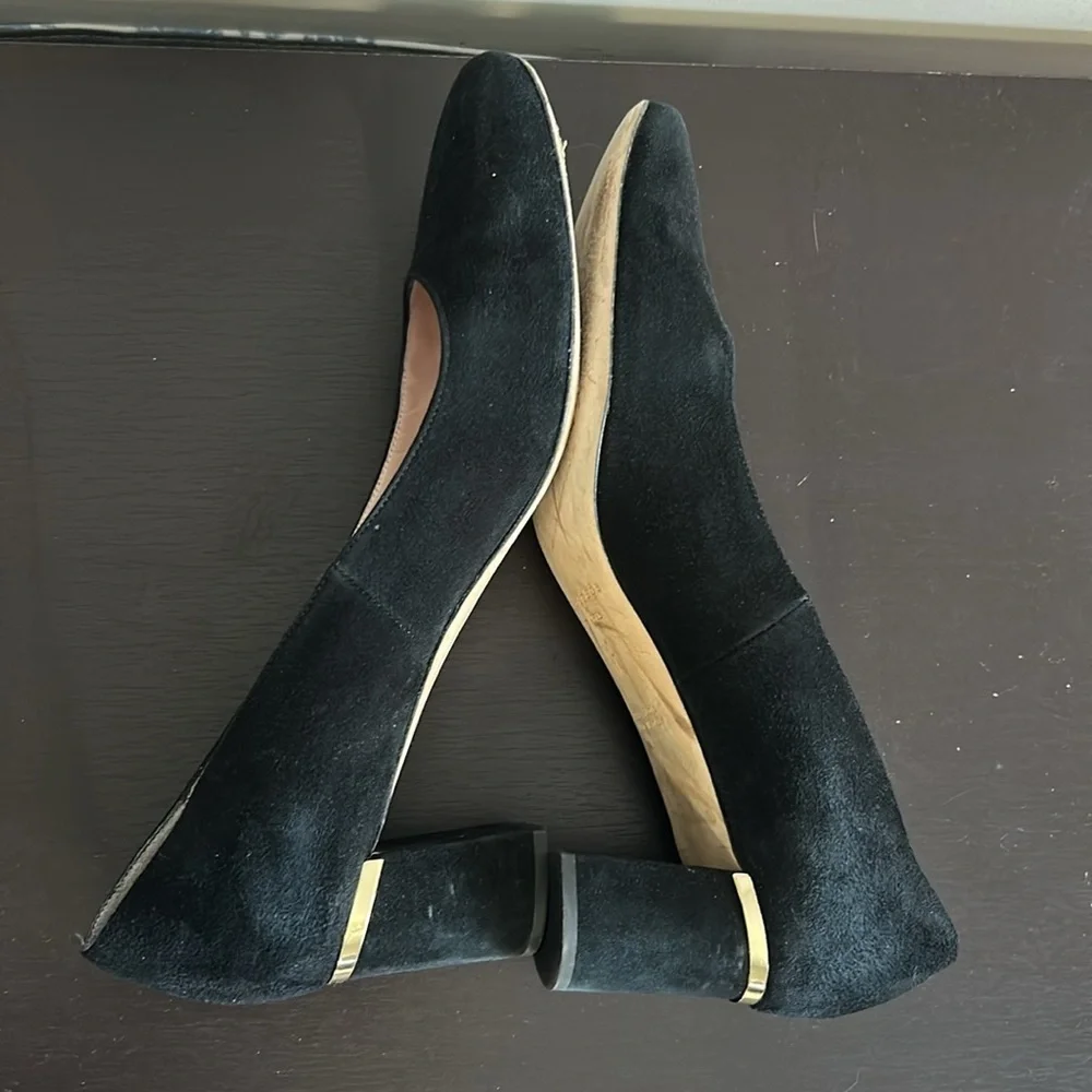 Kate Spade Dolores Too Designer Black Suede Gold Block Heel Pumps Sz 10